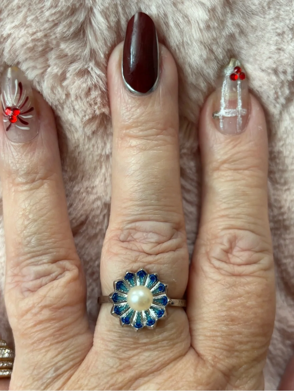 Sterling silver Blue Enamel Flower with real Pearl Center Ring